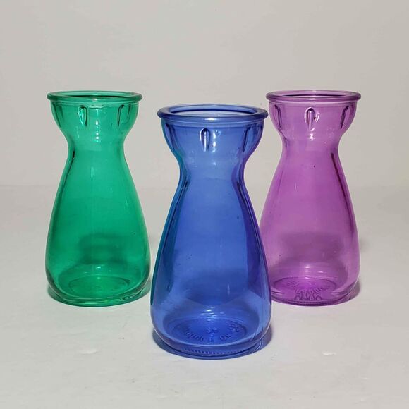 3 Small Glass Bud Vase Set Purple Blue Green - Picture 1 of 7
